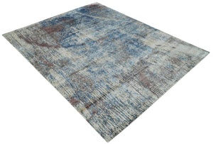 Luxury 8x10 Hand knotted Blue, Ivory and Brown Abstract wool and Silk Blended Area Rug