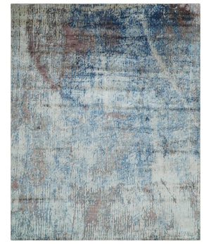 Luxury 8x10 Hand knotted Blue, Ivory and Brown Abstract wool and Silk Blended Area Rug