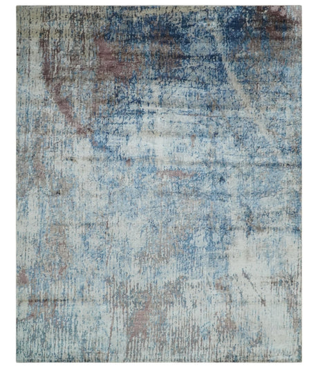Luxury 8x10 Hand knotted Blue, Ivory and Brown Abstract wool and Silk Blended Area Rug