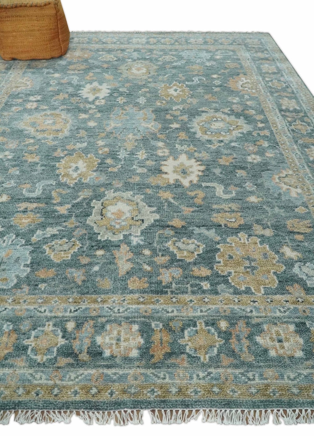 Made to Order Teal, Olive and Silver Antique Style Hand knotted Oushak wool Area Rug
