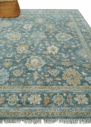 Made to Order Teal, Olive and Silver Antique Style Hand knotted Oushak wool Area Rug