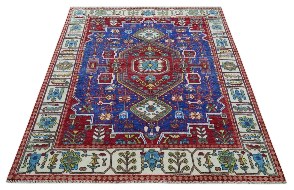 Maroon, Blue and ivory Hand Knotted Antique 8x10 Traditional Wool Rug