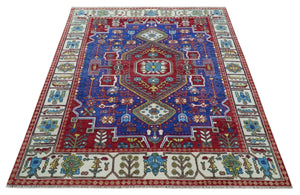 Maroon, Blue and ivory Hand Knotted Antique 8x10 Traditional Wool Rug