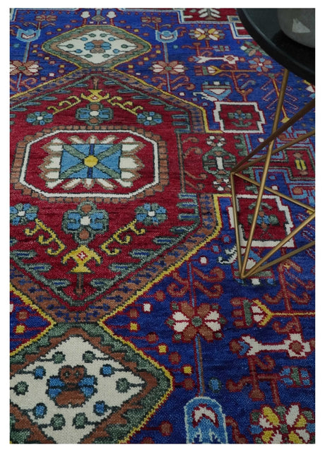 Maroon, Blue and ivory Hand Knotted Antique 8x10 Traditional Wool Rug