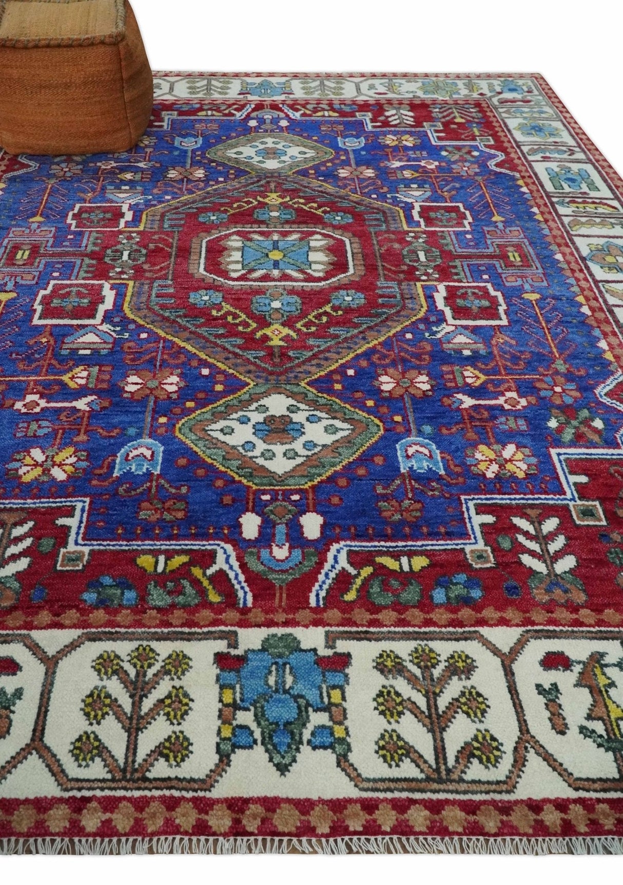 Maroon, Blue and ivory Hand Knotted Antique 8x10 Traditional Wool Rug