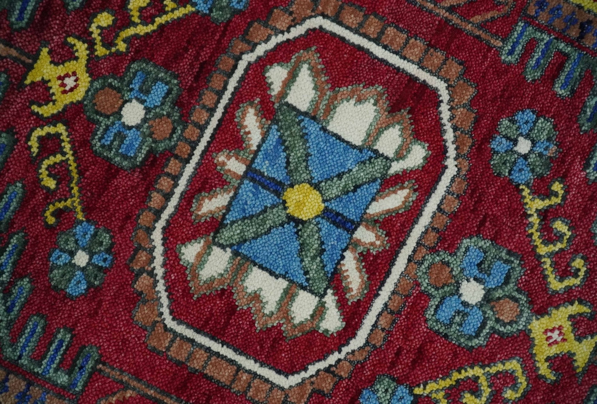 Maroon, Blue and ivory Hand Knotted Antique 8x10 Traditional Wool Rug