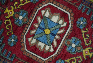 Maroon, Blue and ivory Hand Knotted Antique 8x10 Traditional Wool Rug