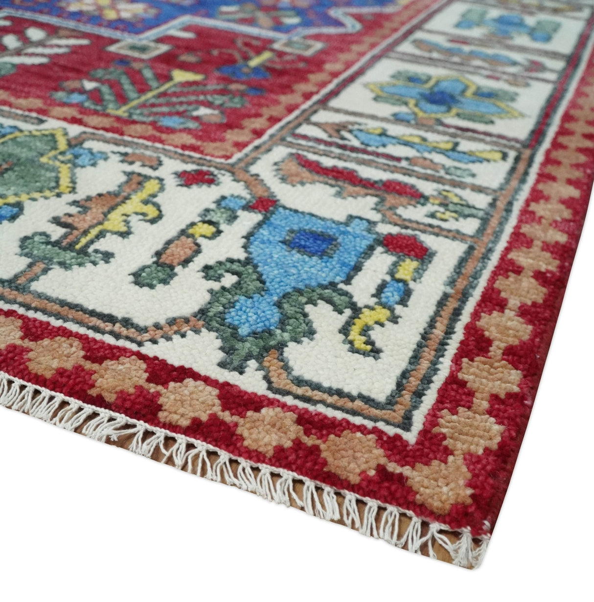 Maroon, Blue and ivory Hand Knotted Antique 8x10 Traditional Wool Rug