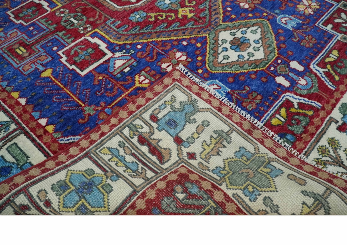 Maroon, Blue and ivory Hand Knotted Antique 8x10 Traditional Wool Rug