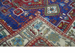 Maroon, Blue and ivory Hand Knotted Antique 8x10 Traditional Wool Rug