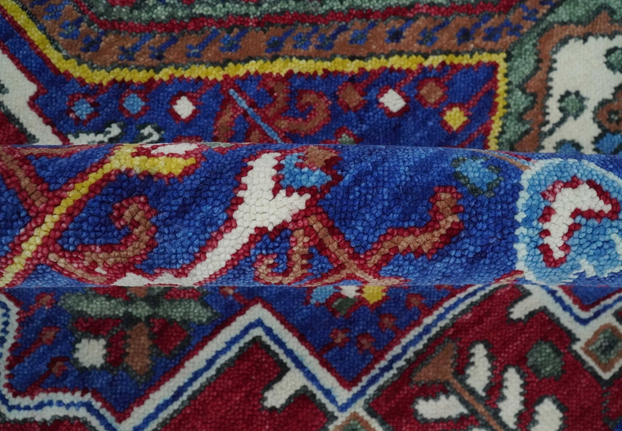 Maroon, Blue and ivory Hand Knotted Antique 8x10 Traditional Wool Rug