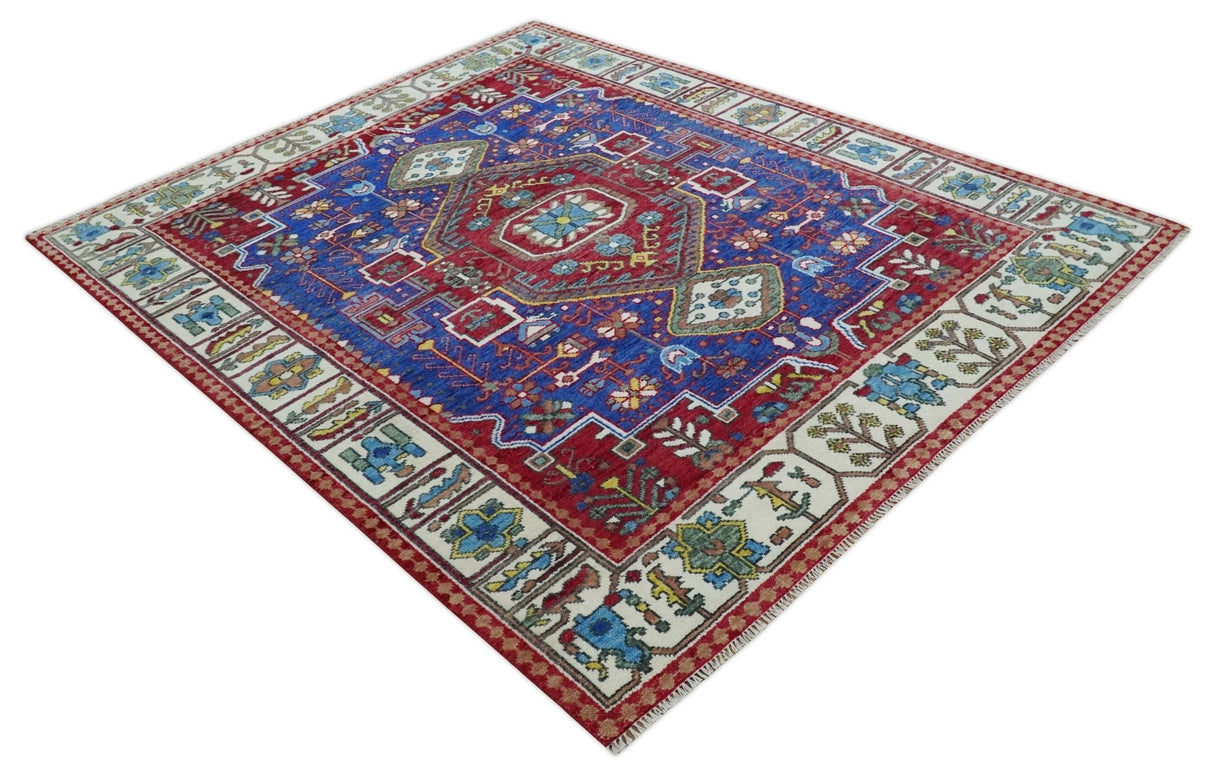 Maroon, Blue and ivory Hand Knotted Antique 8x10 Traditional Wool Rug