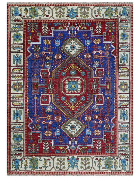 Maroon, Blue and ivory Hand Knotted Antique 8x10 Traditional Wool Rug