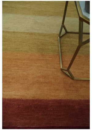 Maroon, Rust, Gold, Olive and Ivory Modern Stripes 5.6x6.6 Hand loom wool area Rug
