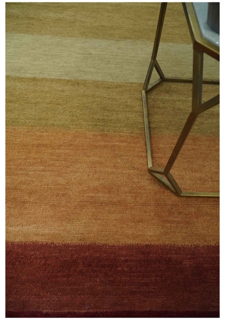 Maroon, Rust, Gold, Olive and Ivory Modern Stripes 5.6x6.6 Hand loom wool area Rug
