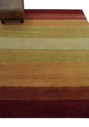 Maroon, Rust, Gold, Olive and Ivory Modern Stripes 5.6x6.6 Hand loom wool area Rug