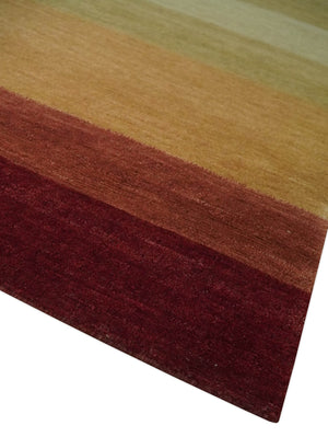 Maroon, Rust, Gold, Olive and Ivory Modern Stripes 5.6x6.6 Hand loom wool area Rug