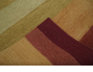 Maroon, Rust, Gold, Olive and Ivory Modern Stripes 5.6x6.6 Hand loom wool area Rug