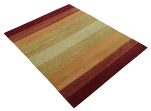 Maroon, Rust, Gold, Olive and Ivory Modern Stripes 5.6x6.6 Hand loom wool area Rug