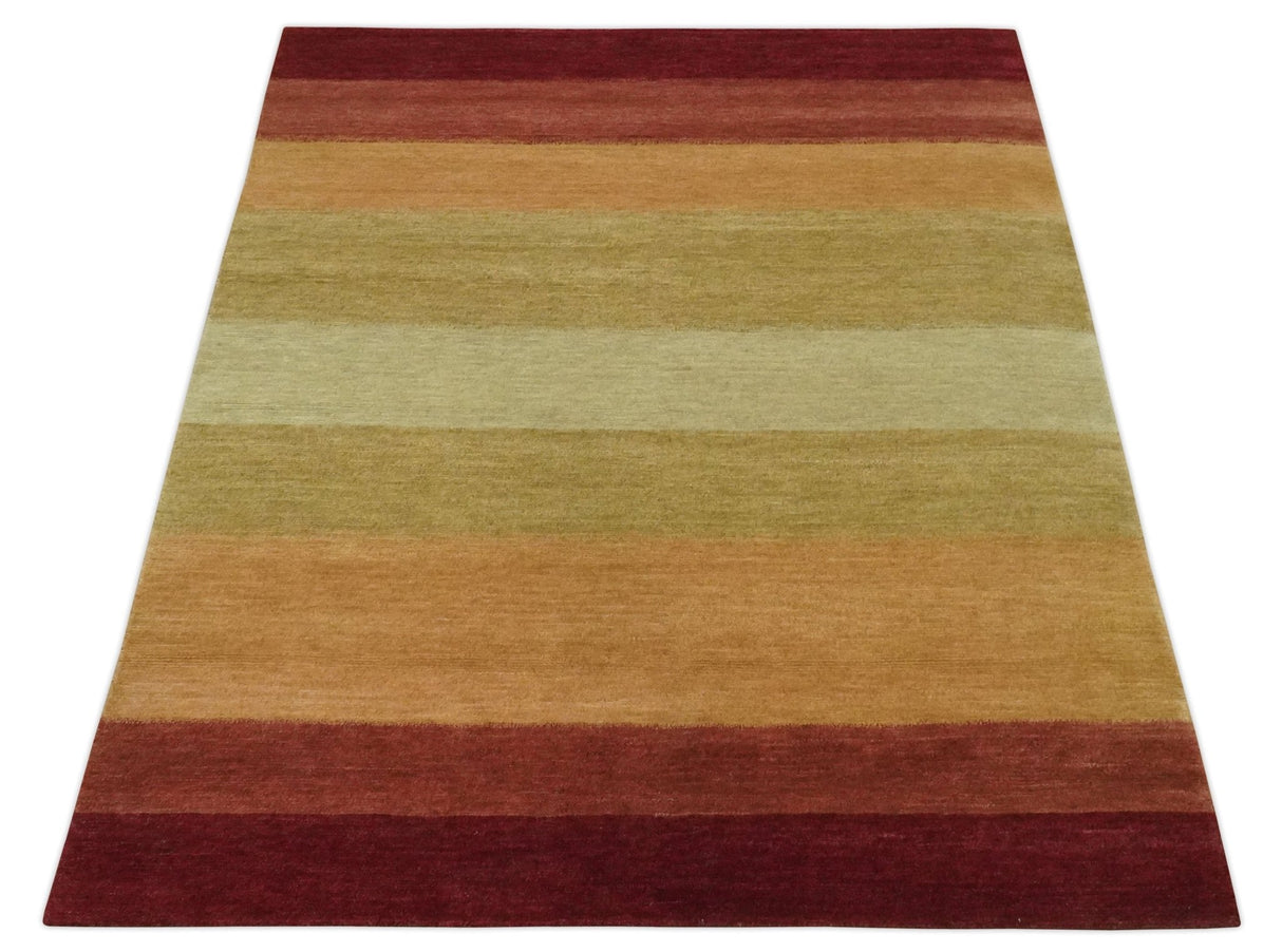 Maroon, Rust, Gold, Olive and Ivory Modern Stripes 5.6x6.6 Hand loom wool area Rug