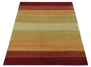 Maroon, Rust, Gold, Olive and Ivory Modern Stripes 5.6x6.6 Hand loom wool area Rug