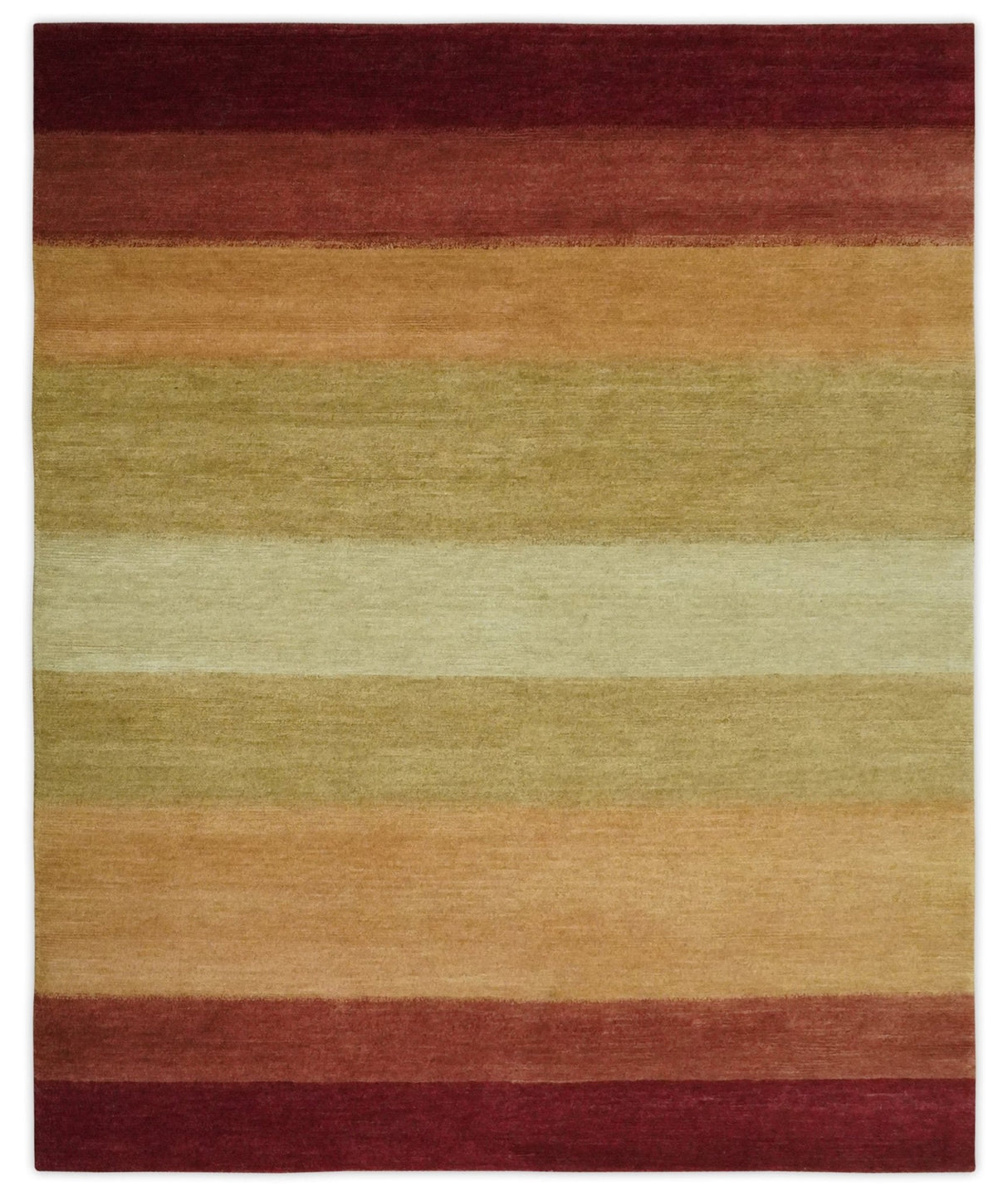 Maroon, Rust, Gold, Olive and Ivory Modern Stripes 5.6x6.6 Hand loom wool area Rug