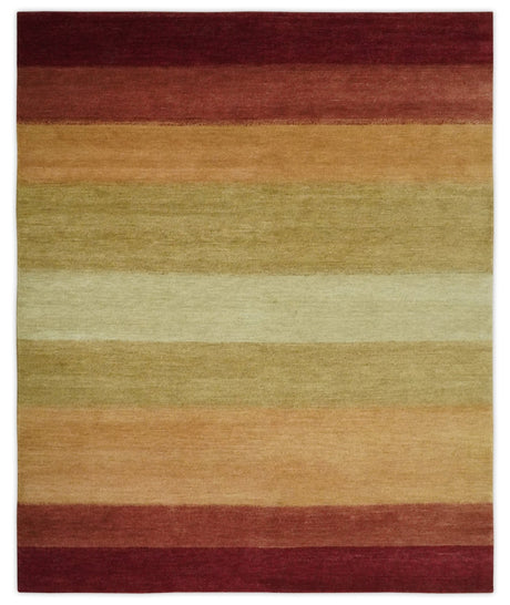 Maroon, Rust, Gold, Olive and Ivory Modern Stripes 5.6x6.6 Hand loom wool area Rug