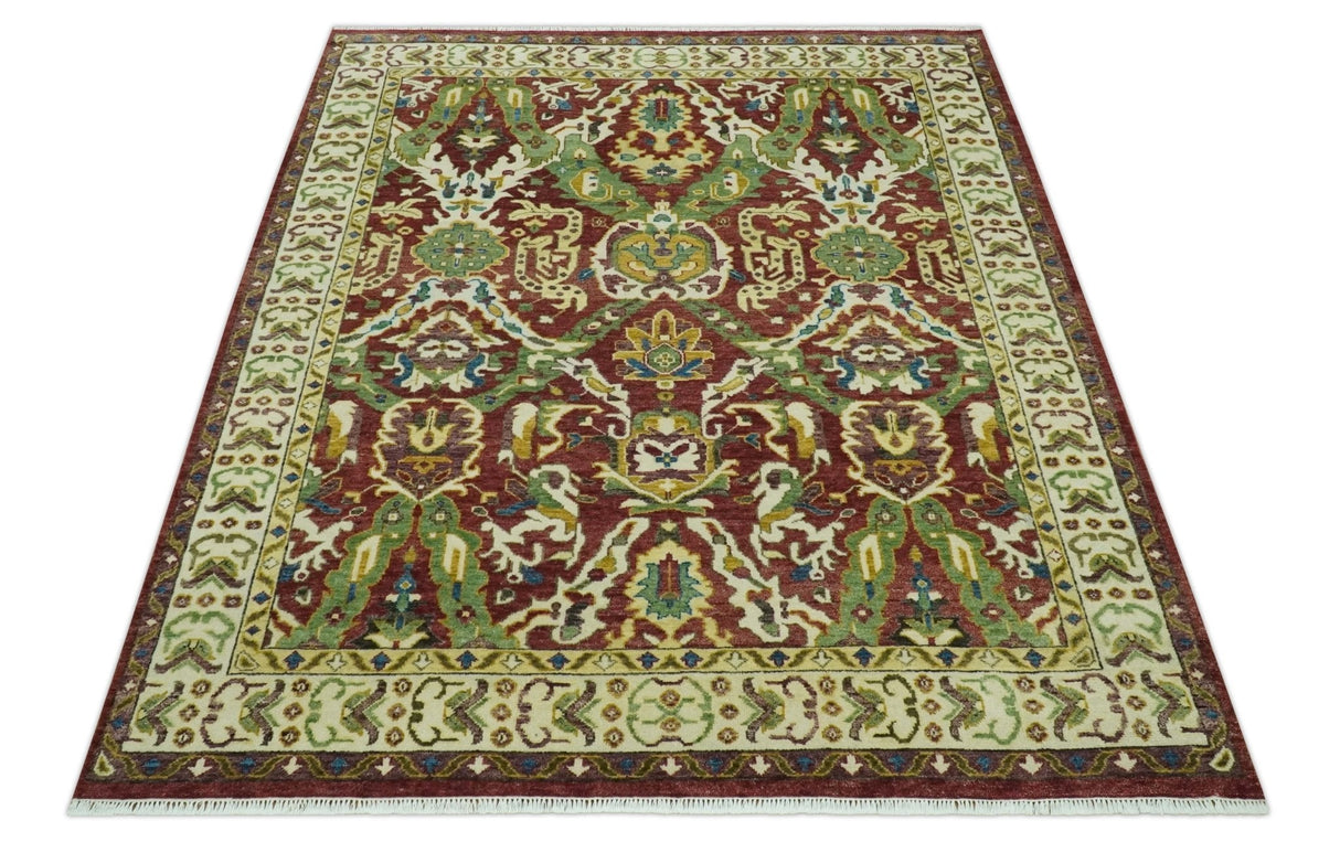 Maroon and Green Hand Knotted Traditional Large Design Multi Size wool area rug