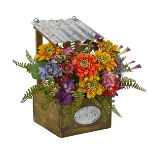 Mixed Flowers Artificial Plant in Tin Roof Planter