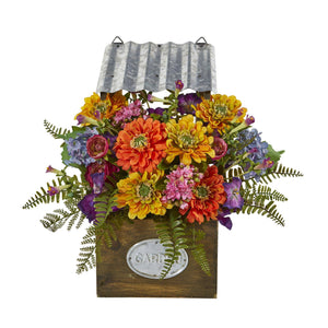 Mixed Flowers Artificial Plant in Tin Roof Planter