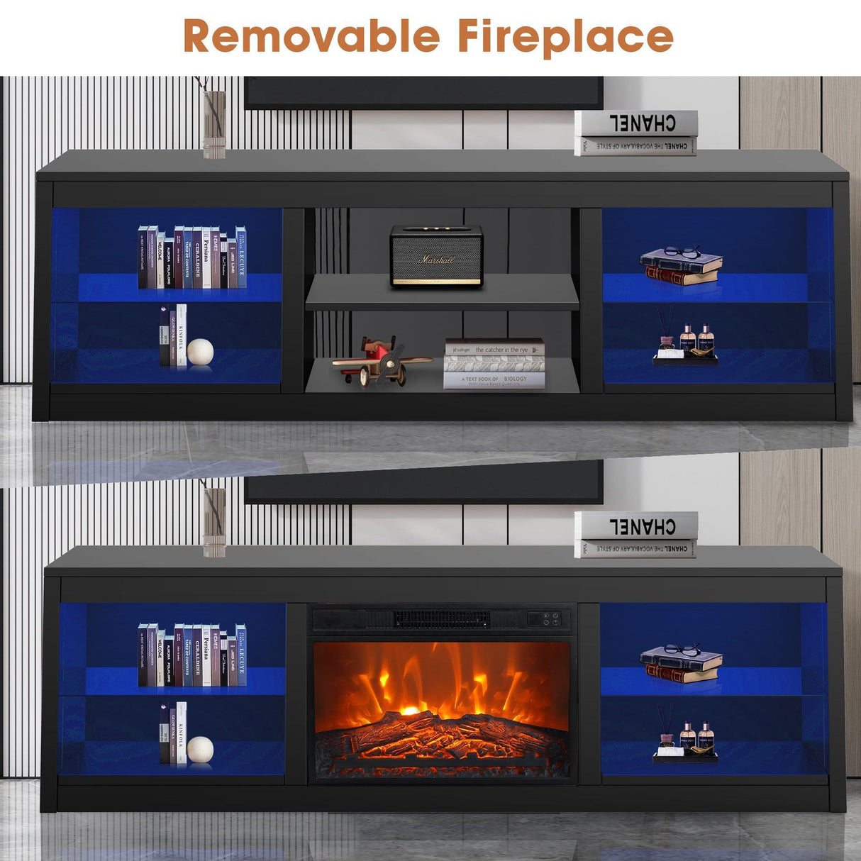 Modern 66" LED TV Stand with 23" Electric Fireplace for Living Room