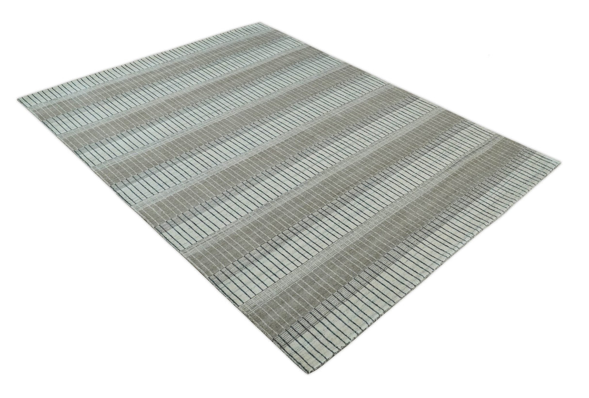 Modern 8x10 Hand Made Stripes Ivory, Black and Brown Scandinavian Blended Wool Flatwoven Area Rug | KE5