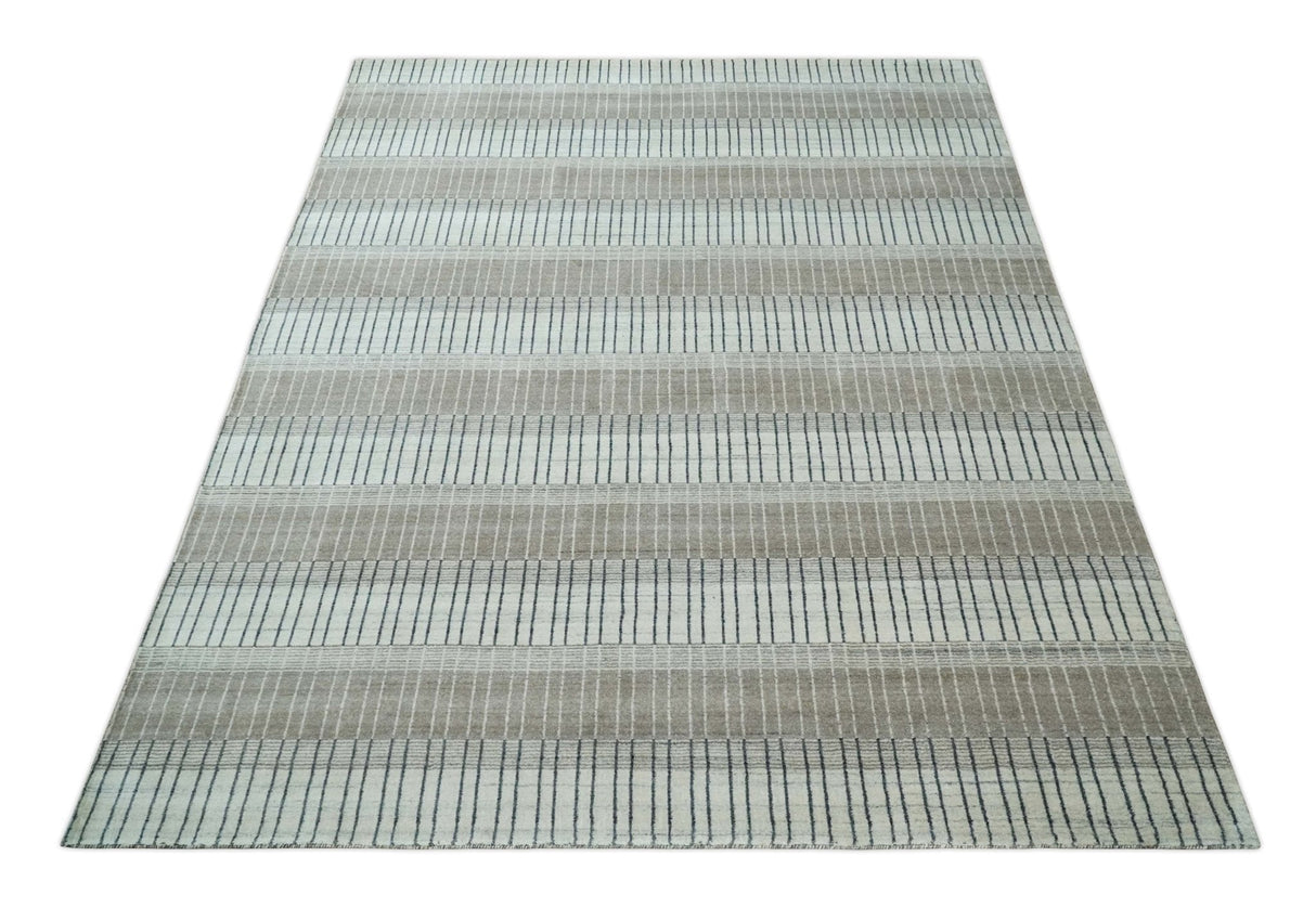 Modern 8x10 Hand Made Stripes Ivory, Black and Brown Scandinavian Blended Wool Flatwoven Area Rug | KE5