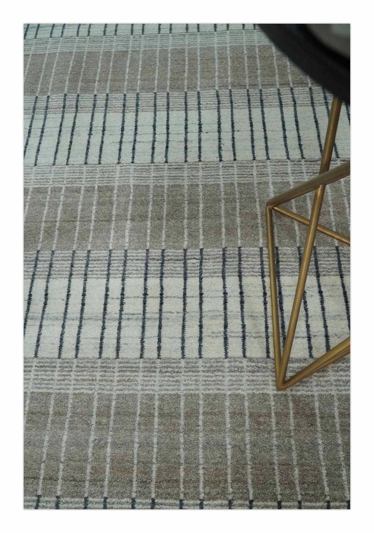 Modern 8x10 Hand Made Stripes Ivory, Black and Brown Scandinavian Blended Wool Flatwoven Area Rug | KE5