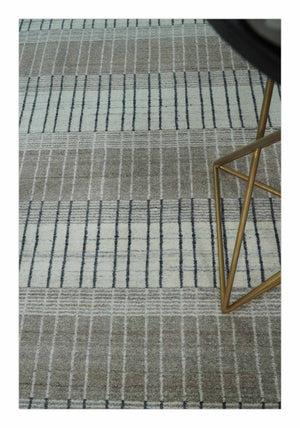 Modern 8x10 Hand Made Stripes Ivory, Black and Brown Scandinavian Blended Wool Flatwoven Area Rug | KE5