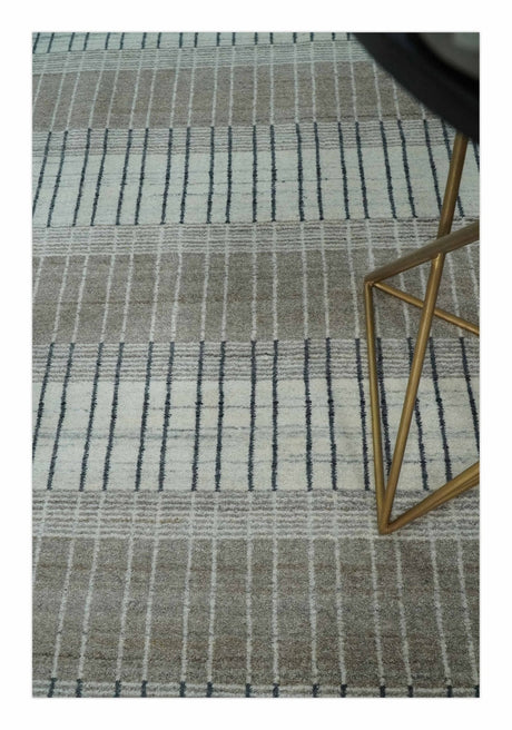 Modern 8x10 Hand Made Stripes Ivory, Black and Brown Scandinavian Blended Wool Flatwoven Area Rug | KE5