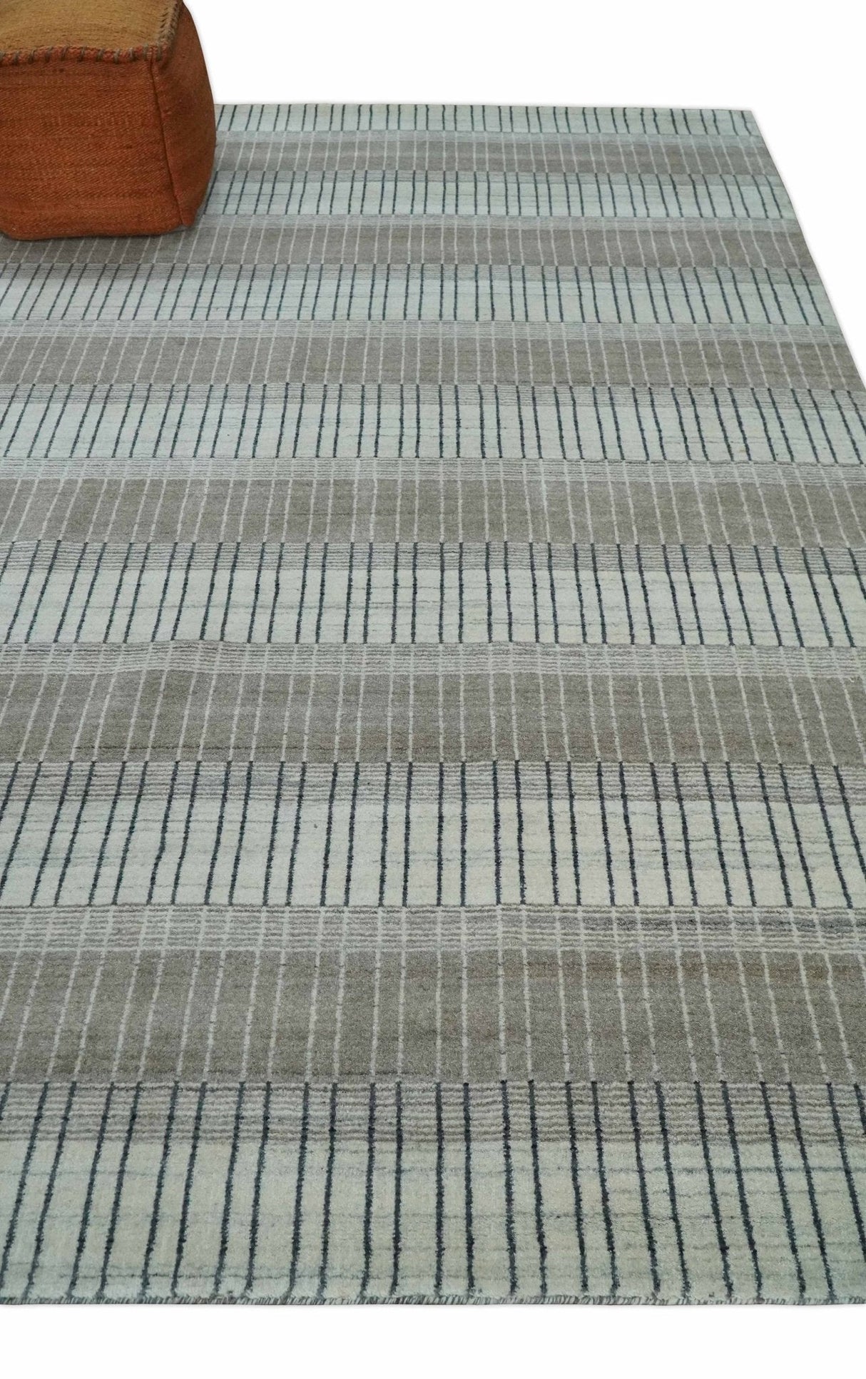 Modern 8x10 Hand Made Stripes Ivory, Black and Brown Scandinavian Blended Wool Flatwoven Area Rug | KE5