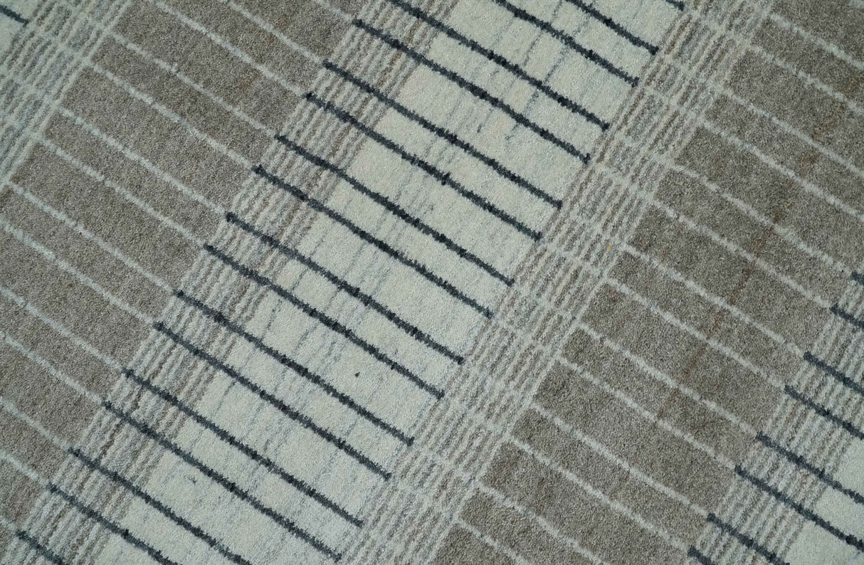 Modern 8x10 Hand Made Stripes Ivory, Black and Brown Scandinavian Blended Wool Flatwoven Area Rug | KE5