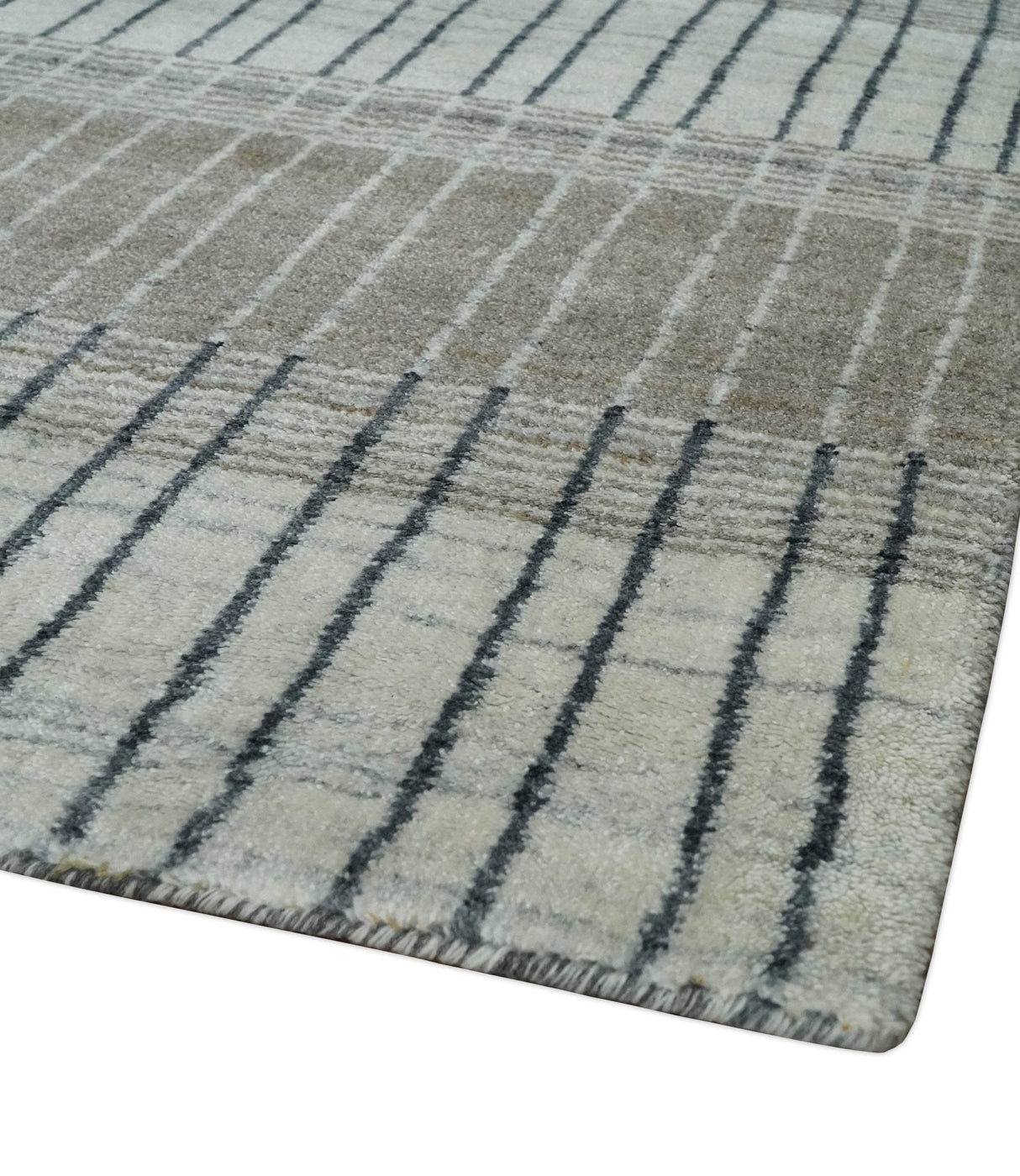 Modern 8x10 Hand Made Stripes Ivory, Black and Brown Scandinavian Blended Wool Flatwoven Area Rug | KE5