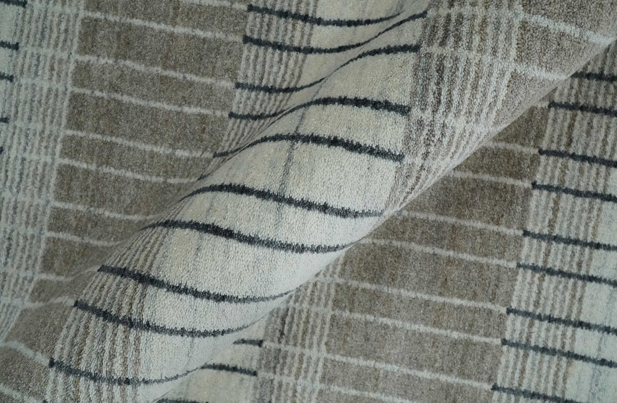 Modern 8x10 Hand Made Stripes Ivory, Black and Brown Scandinavian Blended Wool Flatwoven Area Rug | KE5