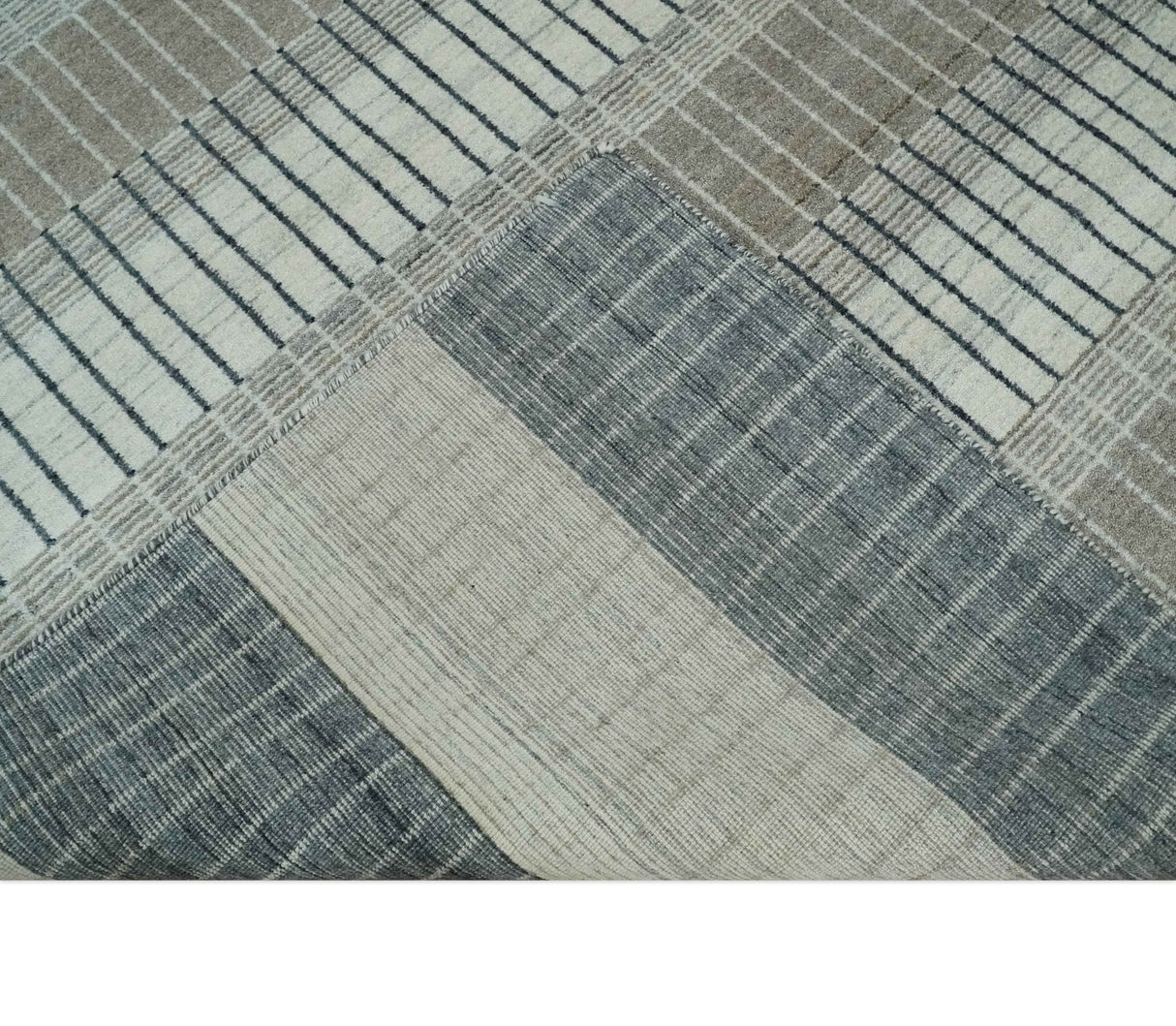 Modern 8x10 Hand Made Stripes Ivory, Black and Brown Scandinavian Blended Wool Flatwoven Area Rug | KE5