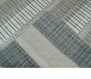Modern 8x10 Hand Made Stripes Ivory, Black and Brown Scandinavian Blended Wool Flatwoven Area Rug | KE5