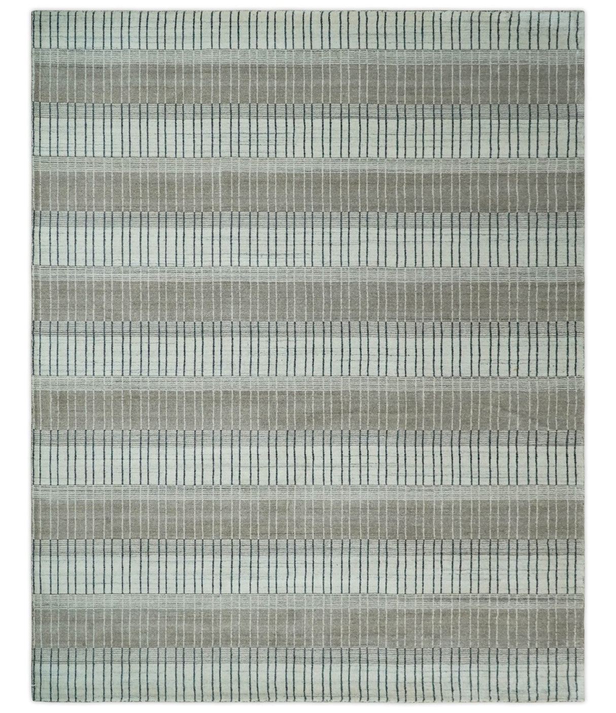 Modern 8x10 Hand Made Stripes Ivory, Black and Brown Scandinavian Blended Wool Flatwoven Area Rug | KE5