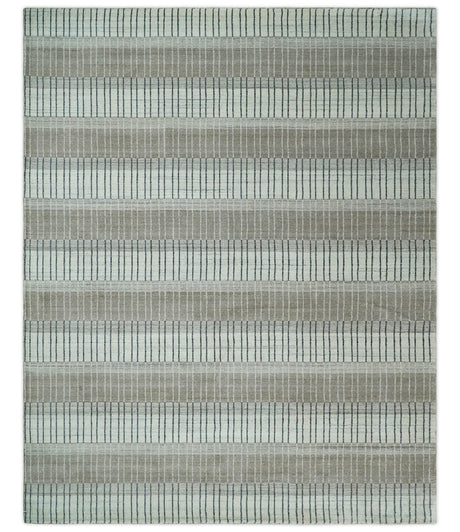 Modern 8x10 Hand Made Stripes Ivory, Black and Brown Scandinavian Blended Wool Flatwoven Area Rug | KE5