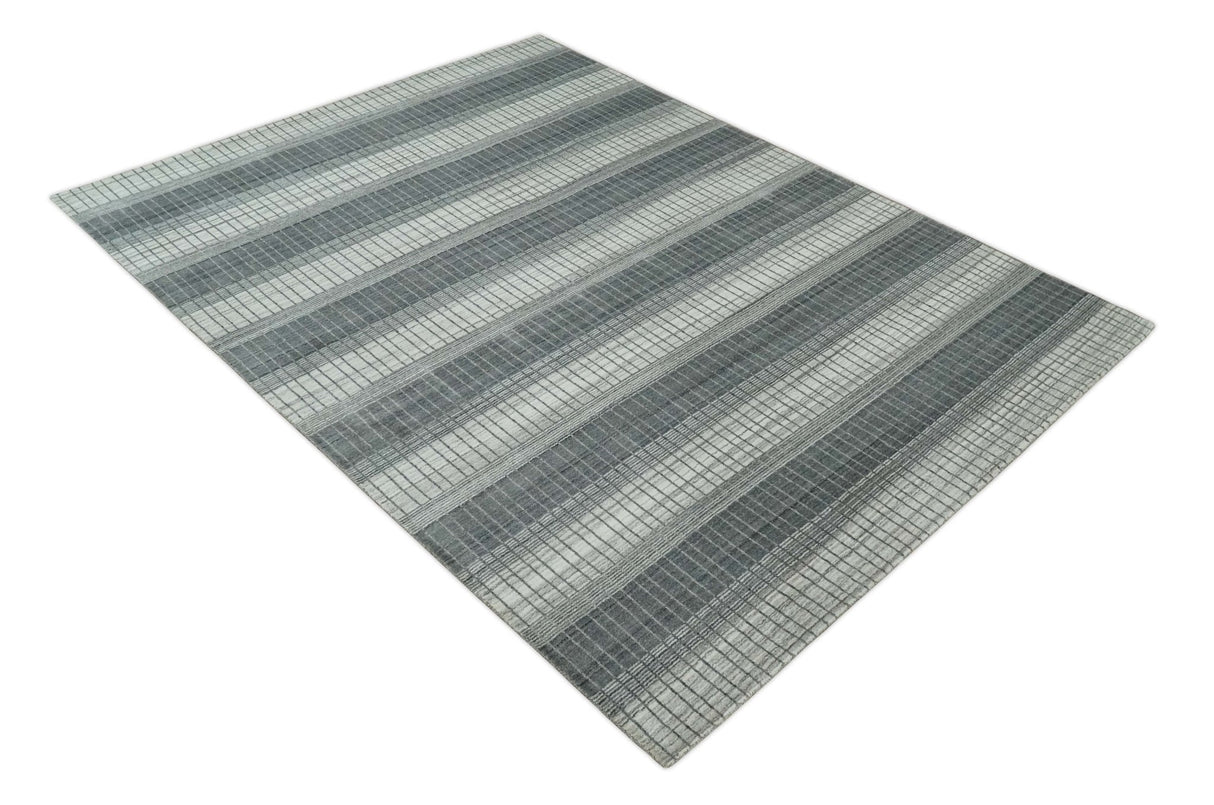 Modern 8x10 Hand Made Stripes Ivory, Gray and Brown Scandinavian Blended Wool Flatwoven Area Rug | KE23