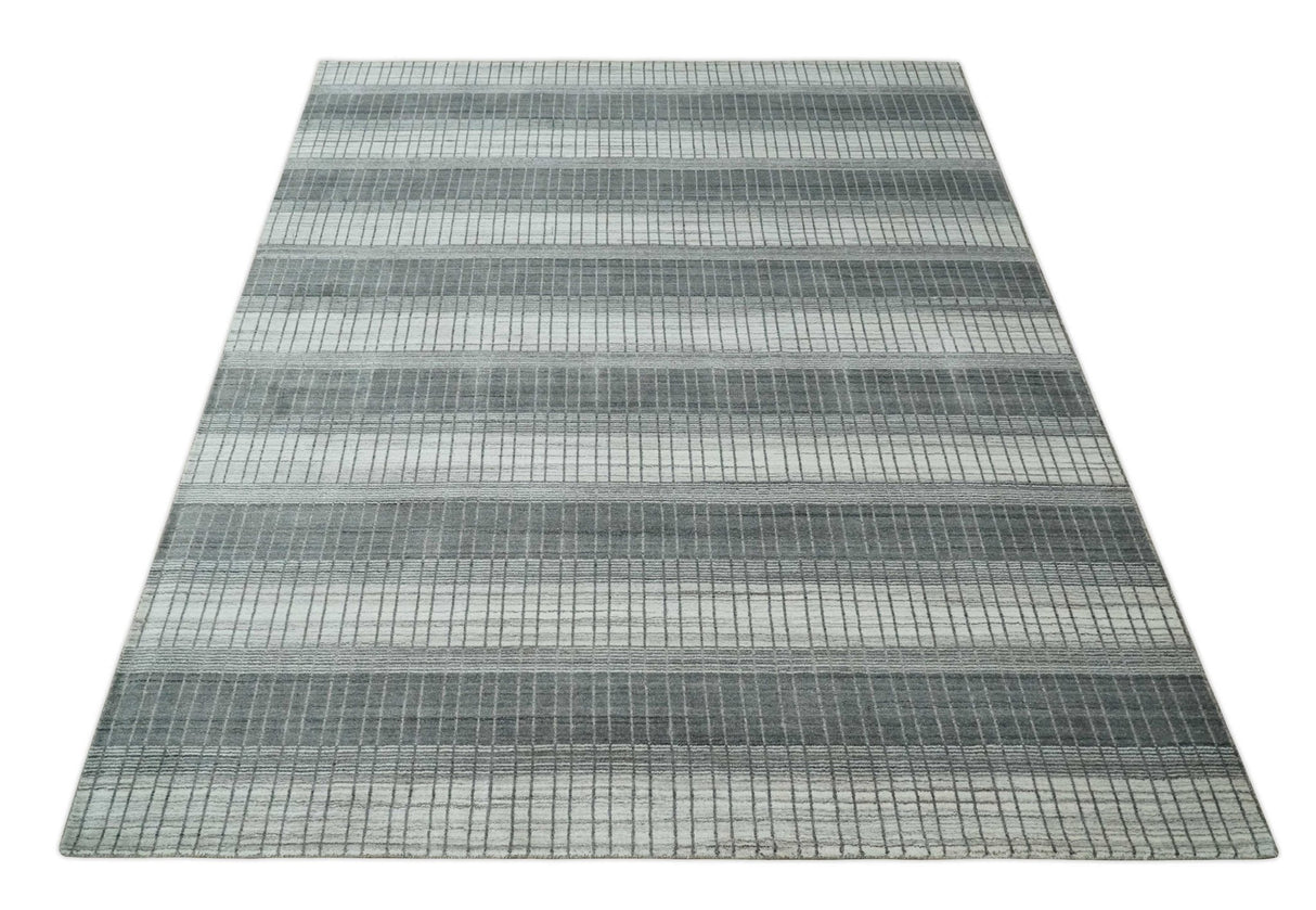 Modern 8x10 Hand Made Stripes Ivory, Gray and Brown Scandinavian Blended Wool Flatwoven Area Rug | KE23