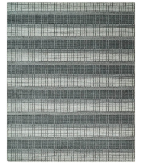 Modern 8x10 Hand Made Stripes Ivory, Gray and Brown Scandinavian Blended Wool Flatwoven Area Rug | KE23