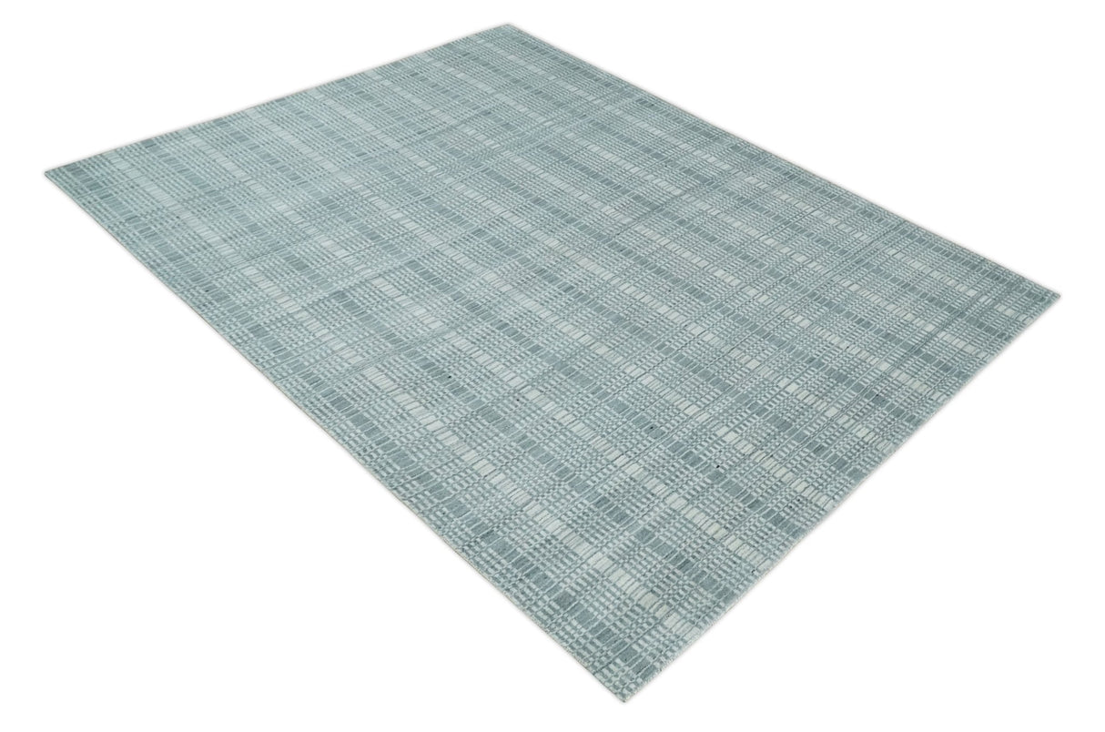 Modern 8x10 Hand Made striped Ivory and Gray Scandinavian Blended Wool Flatwoven Area Rug | KE36