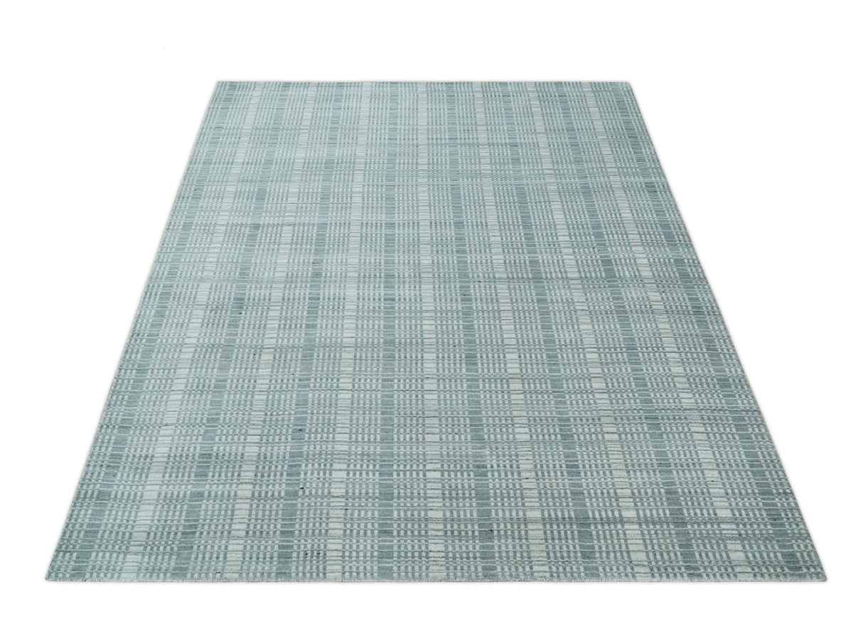 Modern 8x10 Hand Made striped Ivory and Gray Scandinavian Blended Wool Flatwoven Area Rug | KE36