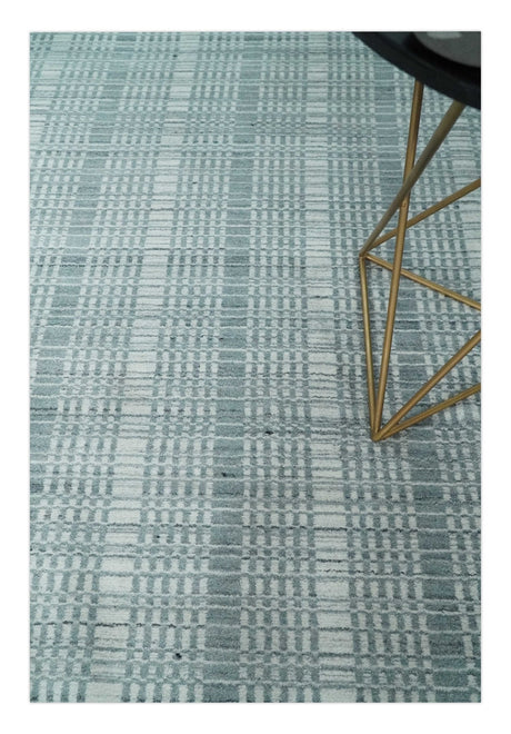 Modern 8x10 Hand Made striped Ivory and Gray Scandinavian Blended Wool Flatwoven Area Rug | KE36